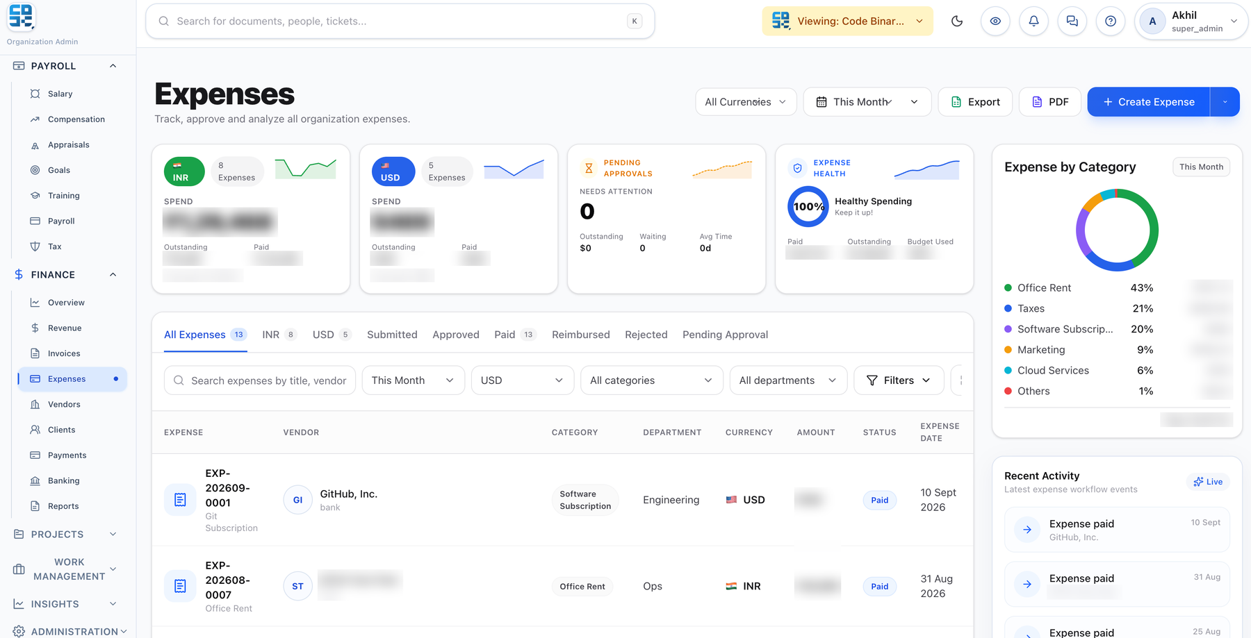 PeopleOS Finance: expenses screen